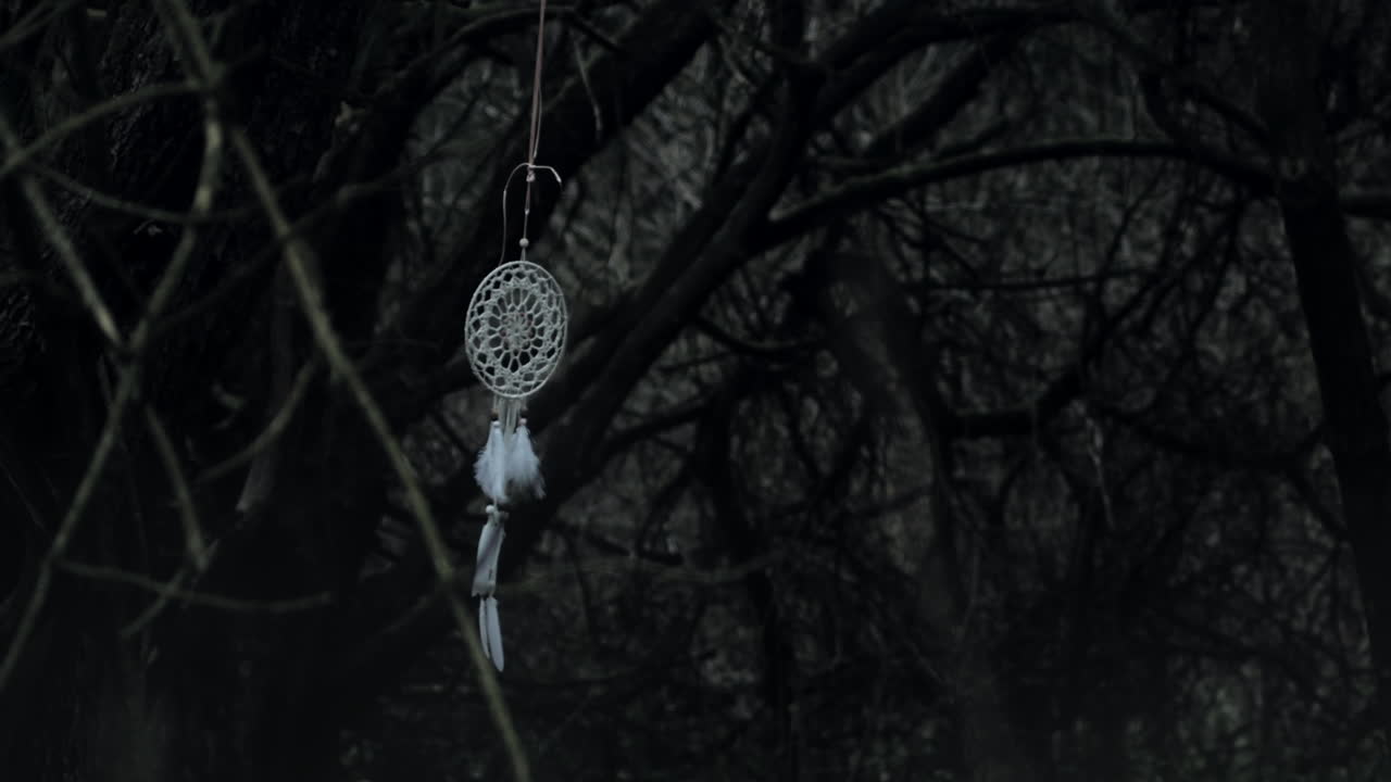 el misterioso atrapasueños se balancea espeluznantemente en un bosque oscuro y espeluznante, a cámara lenta