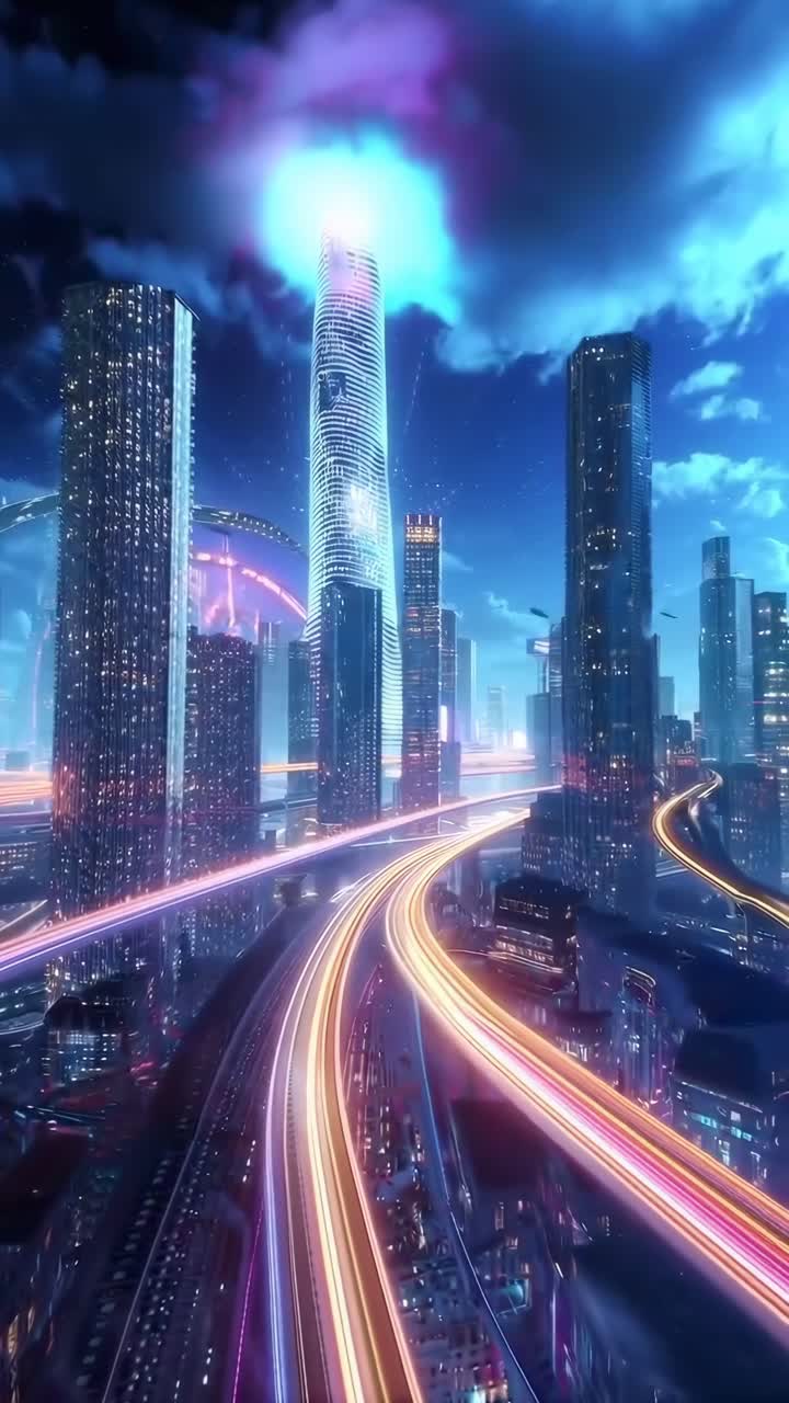 Paesaggio urbano futuristico con luci al neon, ripreso dall'alto, che ricorda un videogioco