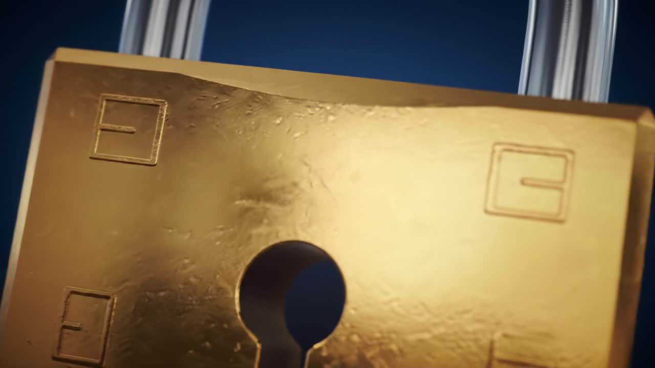 Close-up view of a gold padlock and shiny key being inserted, showcasing the locking and unlocking process. The clip highlights the details of both items with a dark blue background.