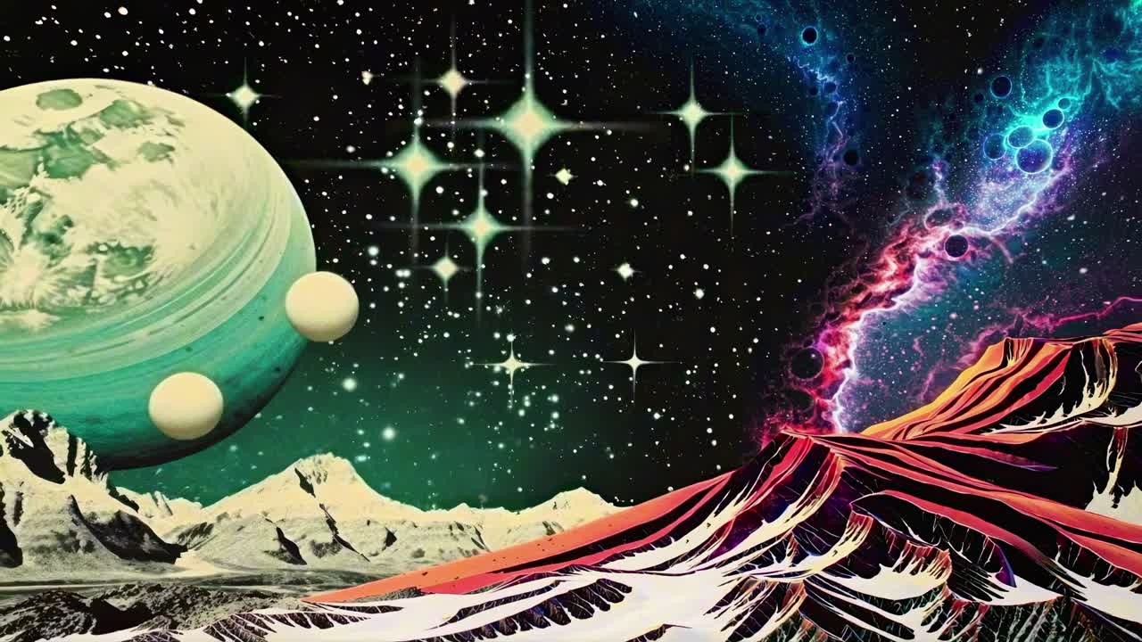 Surreal cosmic landscape with planets and stars, viewed from a low angle