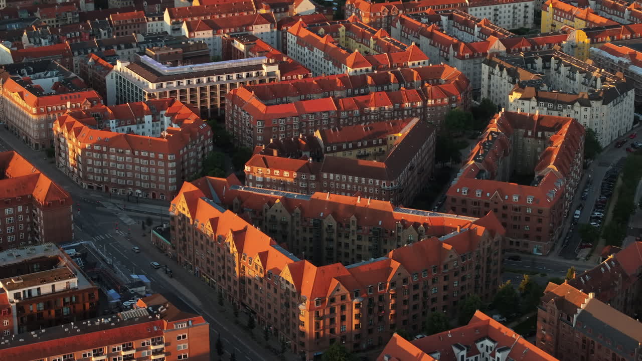 Aerial drone view of Amagerbro area in the northern part of the island Amager in Copenhagen, Denmark at sunset