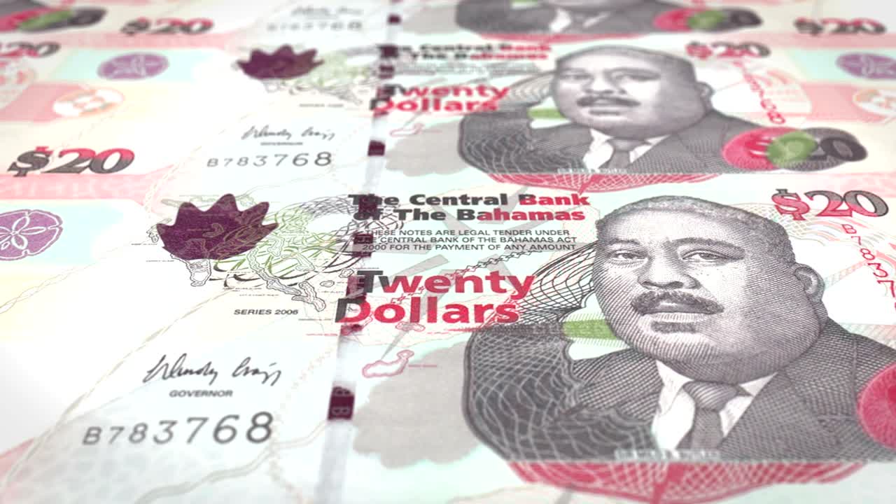 20 바하마 달러의 지폐가 화면에 굴러, 현금, 루프