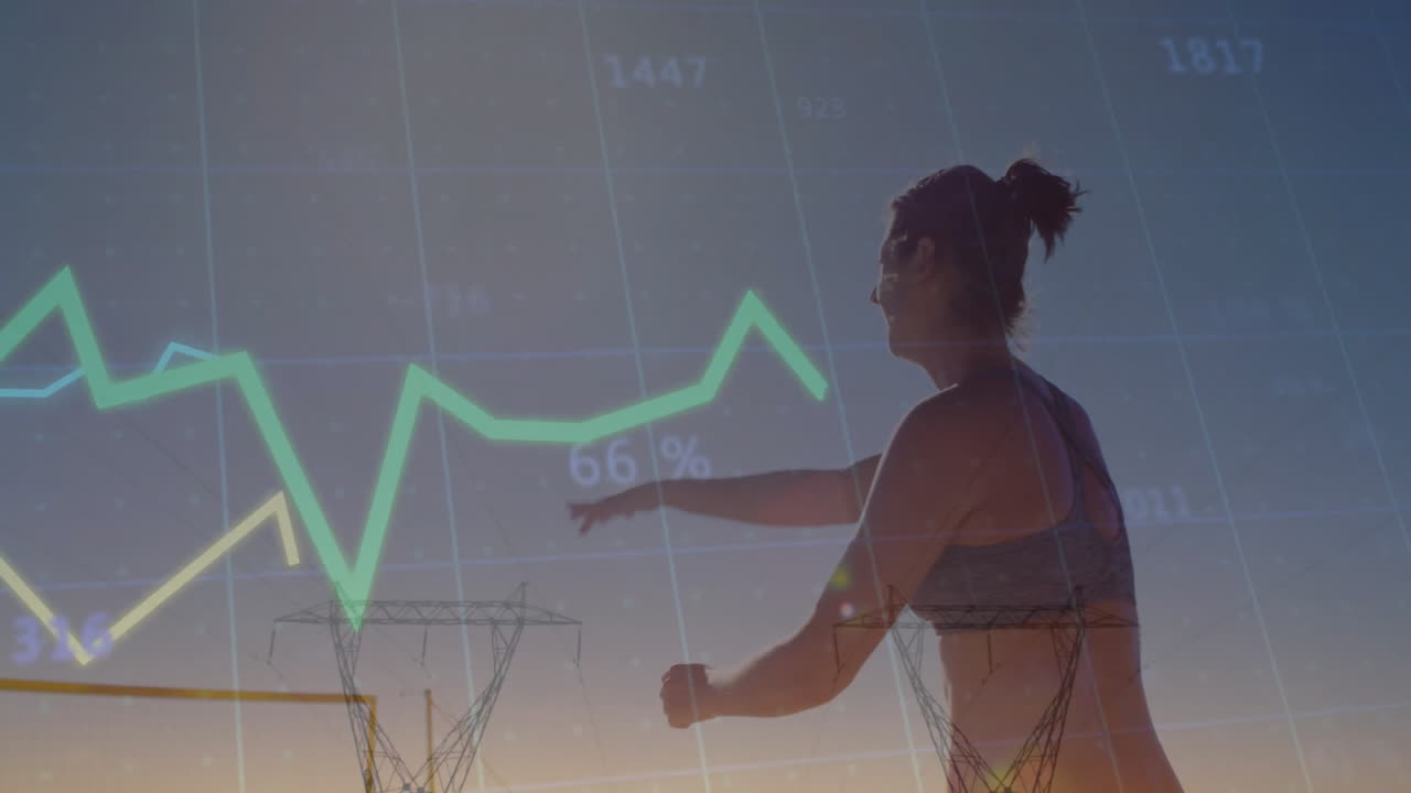animación de procesamiento de datos financieros sobre mujer caucásica jugando netball de playa
