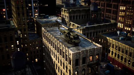 helicopter landing on a rooftop in a night lit urban landscape