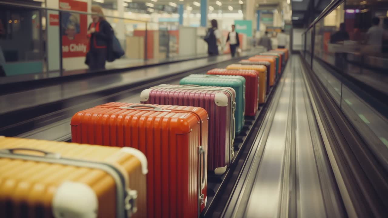 Clip opening showing conveyor belt carrying suitcases at airport with people walking opposite way