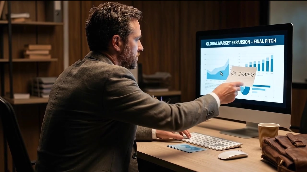 Businessman Working on Q4 Strategy Presentation in Office