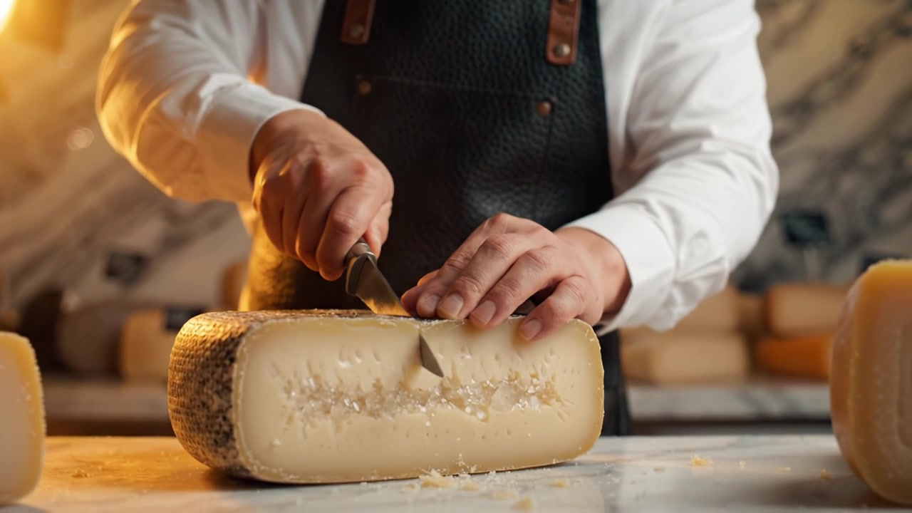 Artigiano del formaggio esperto che affetta con maestria una forma di formaggio gourmet in una cucina contemporanea - Un'arte di delizia culinaria ed esplorazione del gusto.