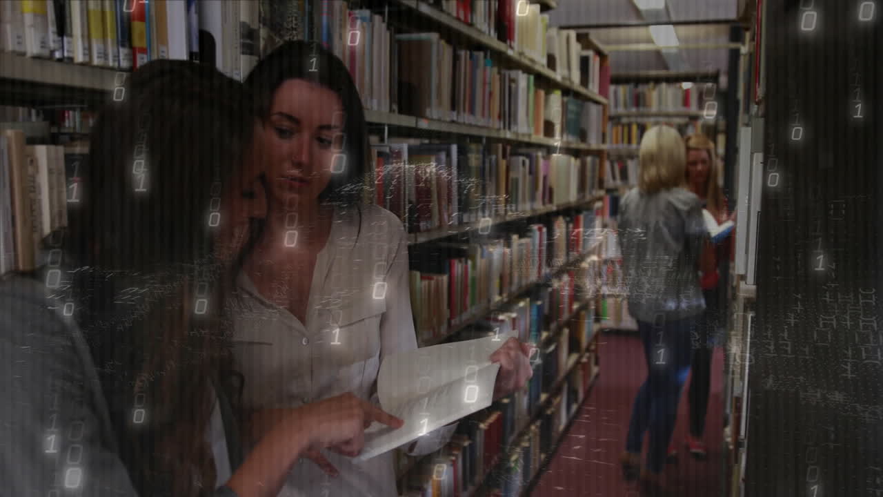 Reading books in library, people with binary code animation overlay