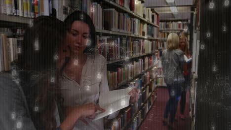 reading books in library, people with binary code animation overlay