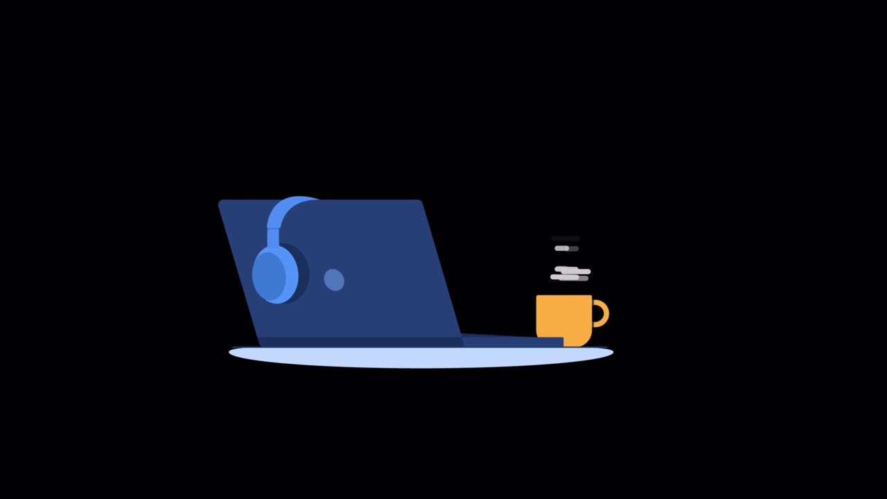Animated Laptop with Headphones and Steaming Coffee Cup