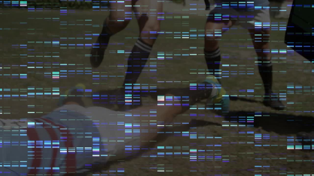 rugby ball carrier sprinting across field, defenders tackling, players forming ruck for possession