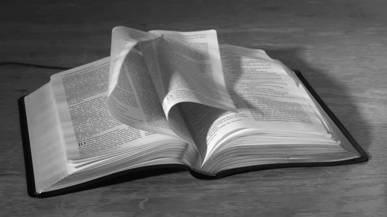 Pagine della Bibbia che si sfogliano al vento in bianco e nero