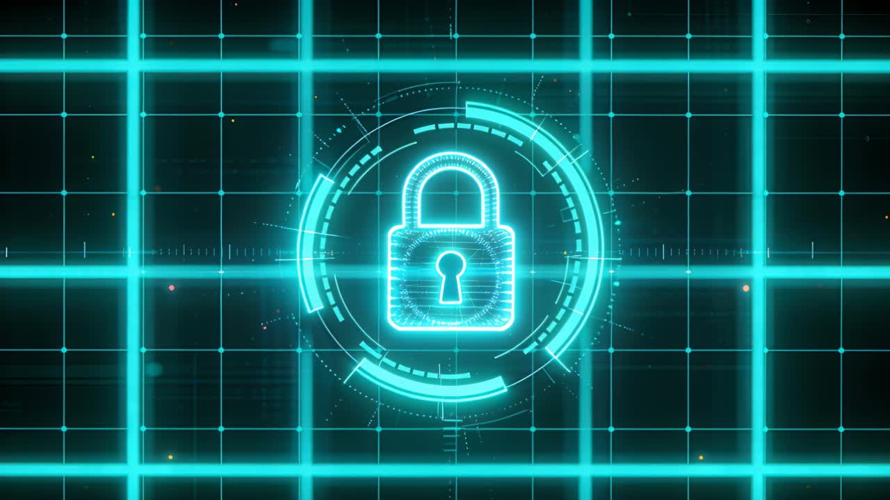 Glowing padlock icon undergoing security scan after HUD ring activation, concentric arcs rotating