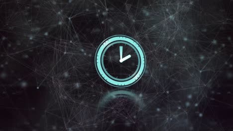 animación de un reloj que se mueve rápidamente sobre una red de conexiones y puntos brillantes