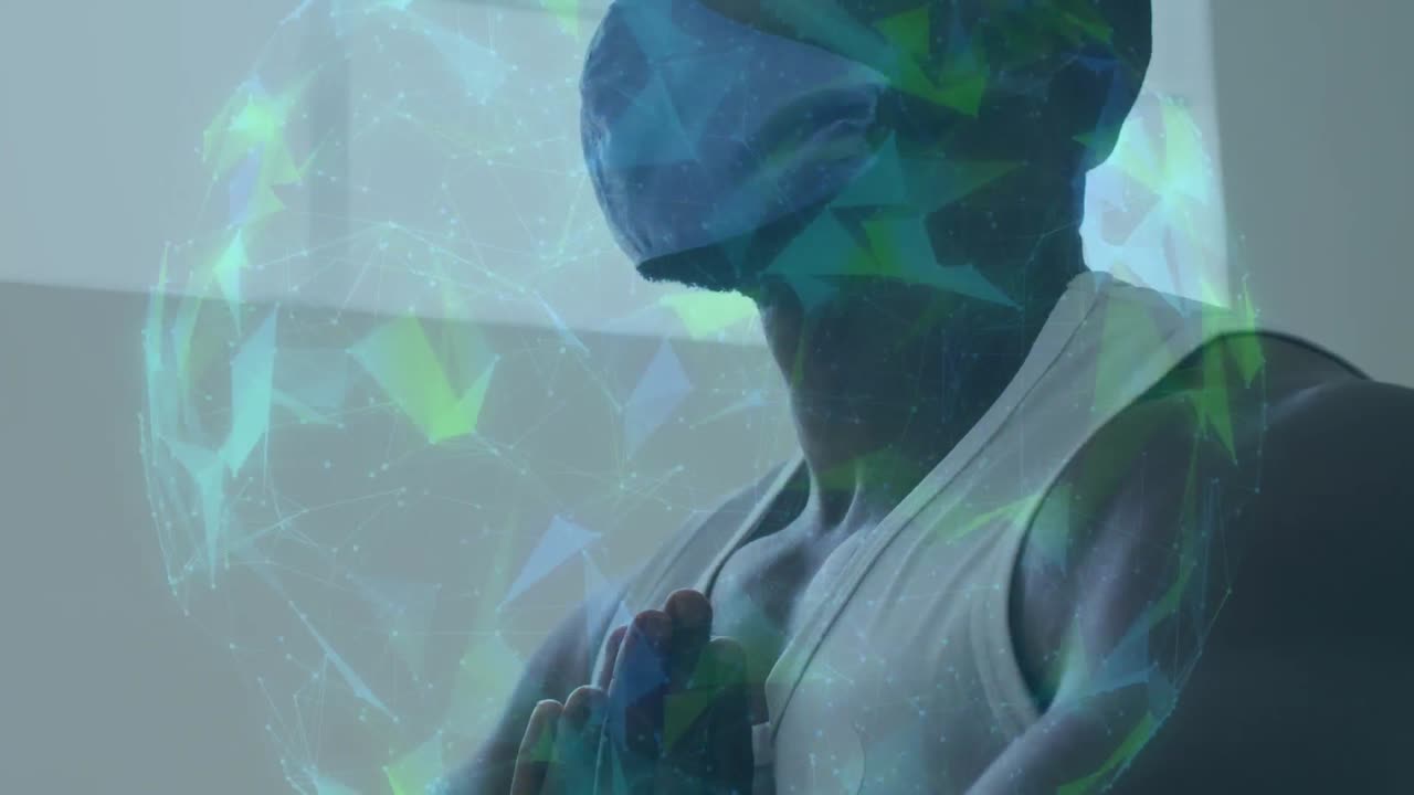 mundo de la red de conexiones contra el hombre afroamericano que lleva máscara practicando yoga