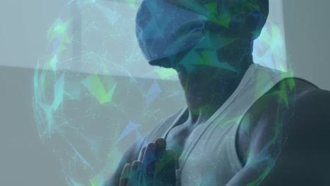 mundo de la red de conexiones contra el hombre afroamericano que lleva máscara practicando yoga