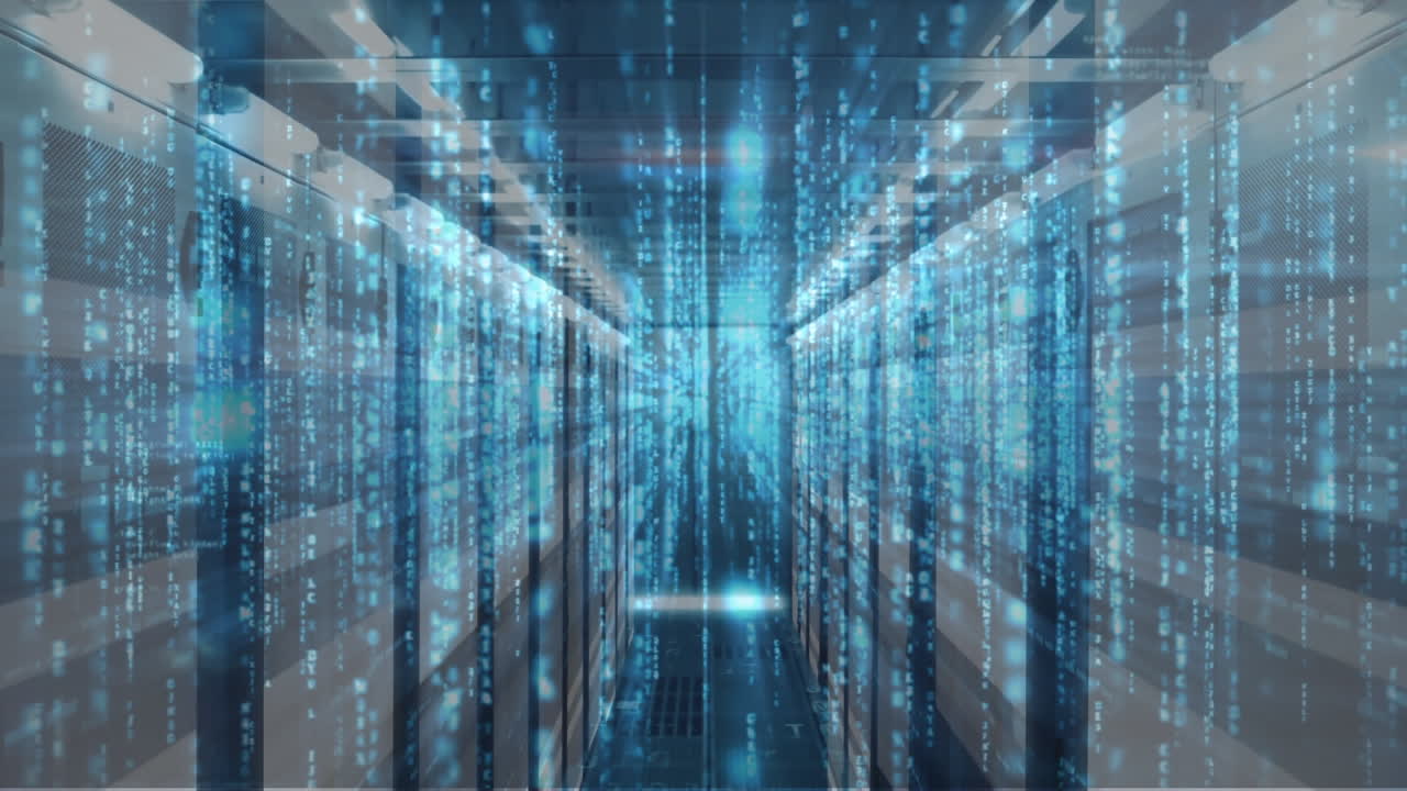 Animation of data processing and light trails against computer server room