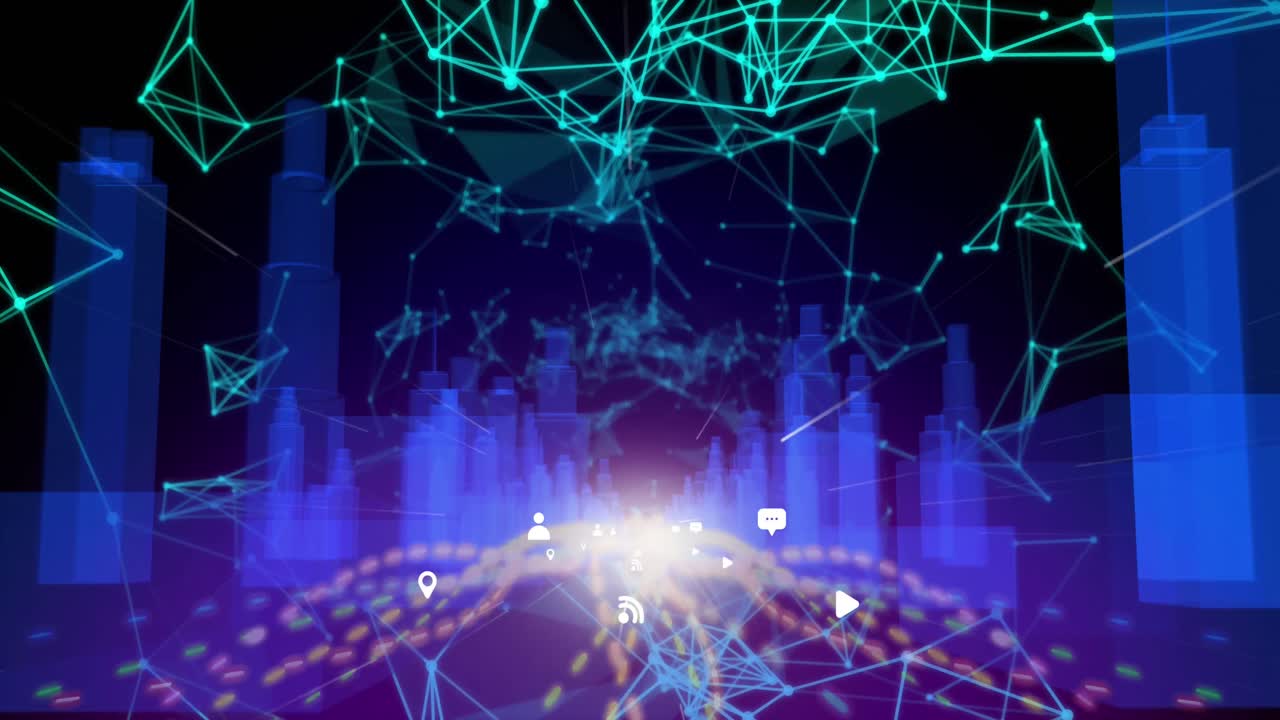 디지털 아이콘이 연결 네트워크에 대해 3d 도시 모델을 이동합니다.