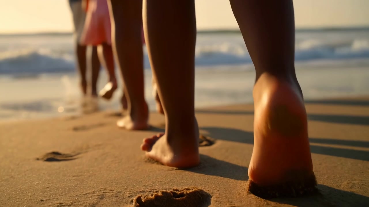 Piedi su una spiaggia sabbiosa che camminano lungo la riva, con onde oceaniche sullo sfondo. Una prospettiva ravvicinata e dal basso sui piedi, che evidenzia la sabbia e la texture dell'acqua.