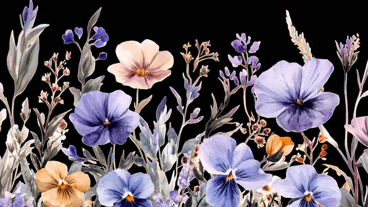 Watercolor floral illustration with violets and other flowers