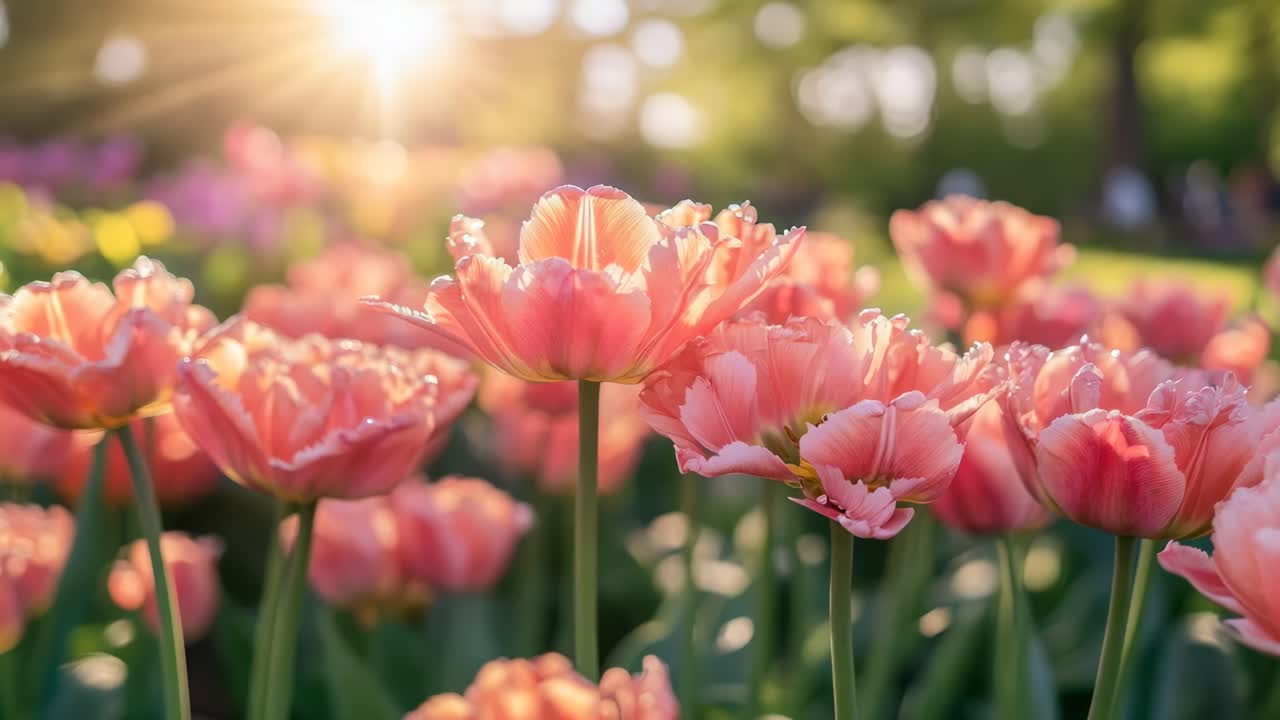 A low-angle video captures vibrant pink tulips in a sunlit garden, highlighting their delicate