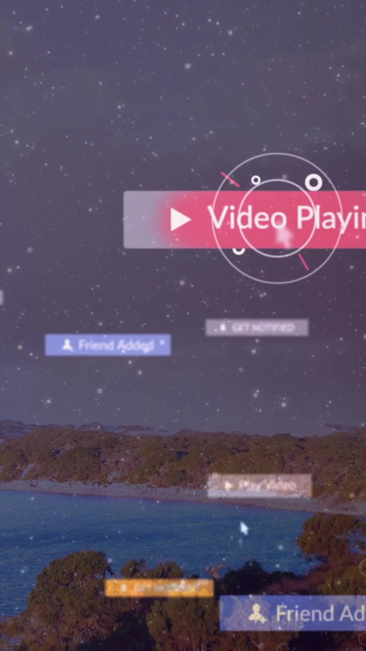 Vertical video: Mouse clicking friend badge showing play tile and tags drifting, fading over bay IT