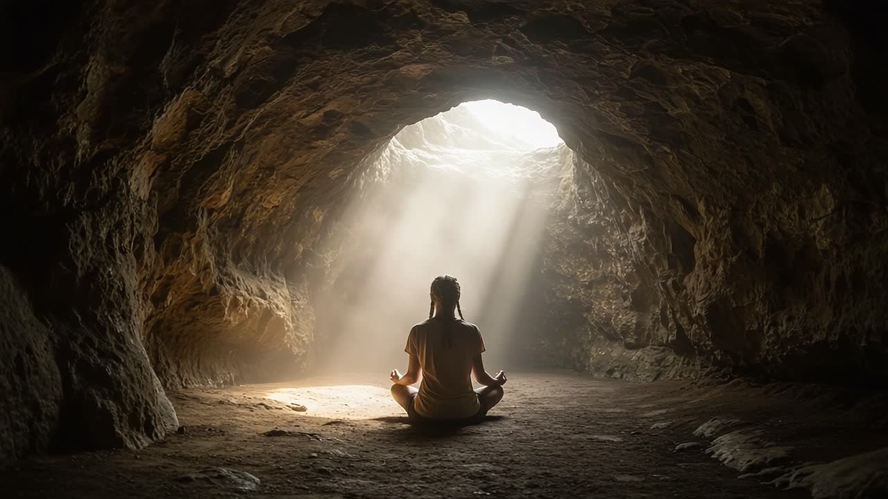A Serene Moment of Meditation in a Cave: Embracing Inner Peace Amidst Soft Light and Natural Surroundings