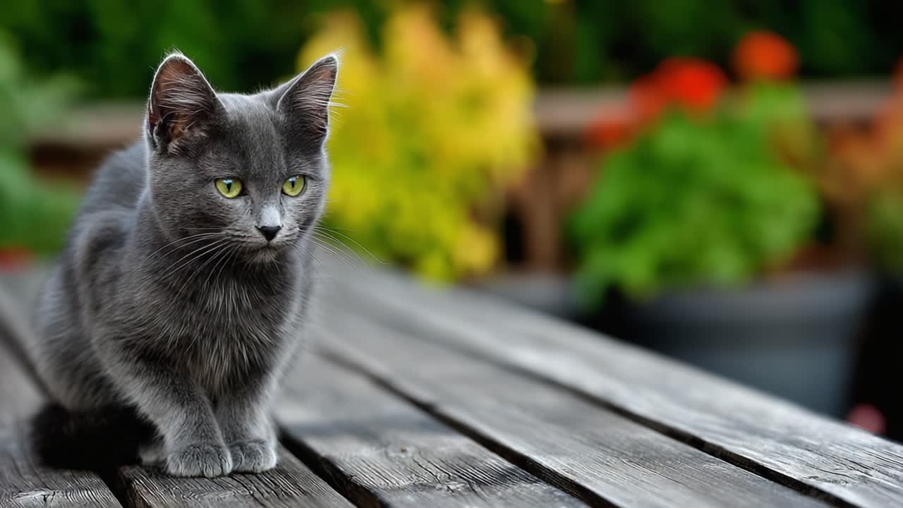 Un bellissimo gatto grigio con sorprendenti occhi verdi posa con grazia su una superficie di legno, circondato da rigogliosi colori del giardino in morbida luce naturale.