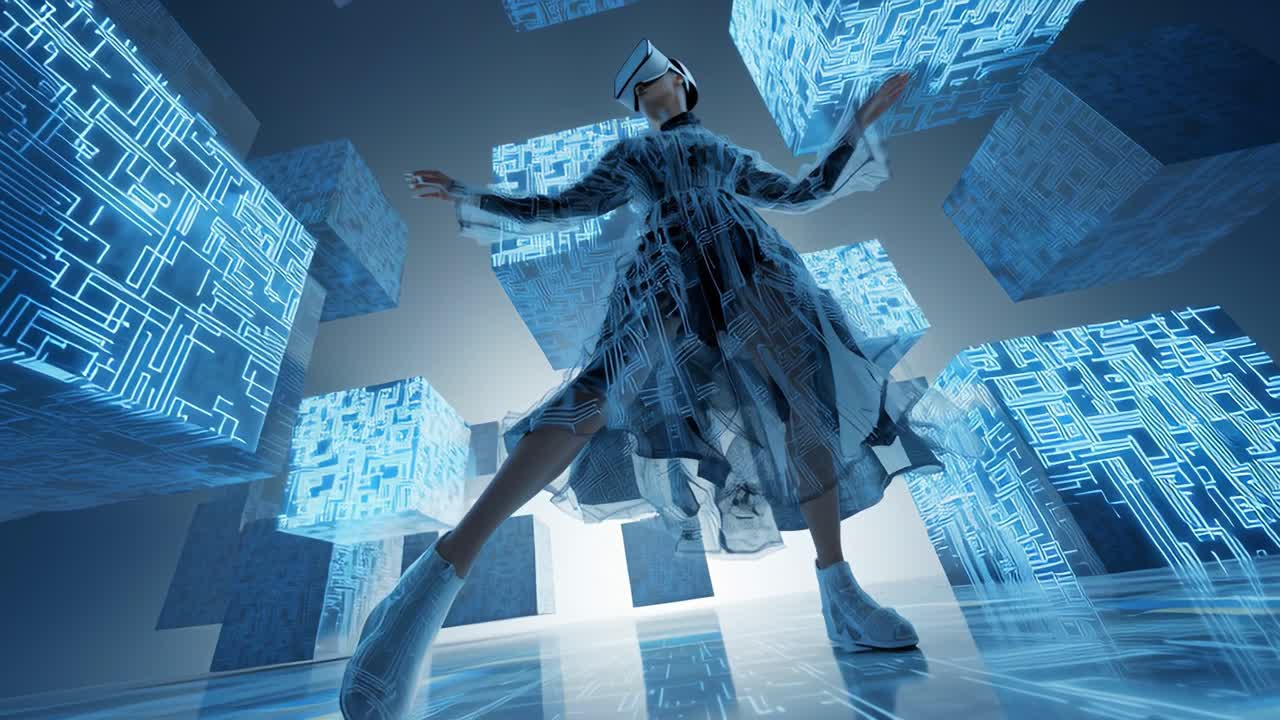 Exploring the Future of Technology: A Dancer in a Virtual Reality Environment Surrounded by Floating Abstract Cubes Emblazoned with Circuit Patterns and Blue Glows