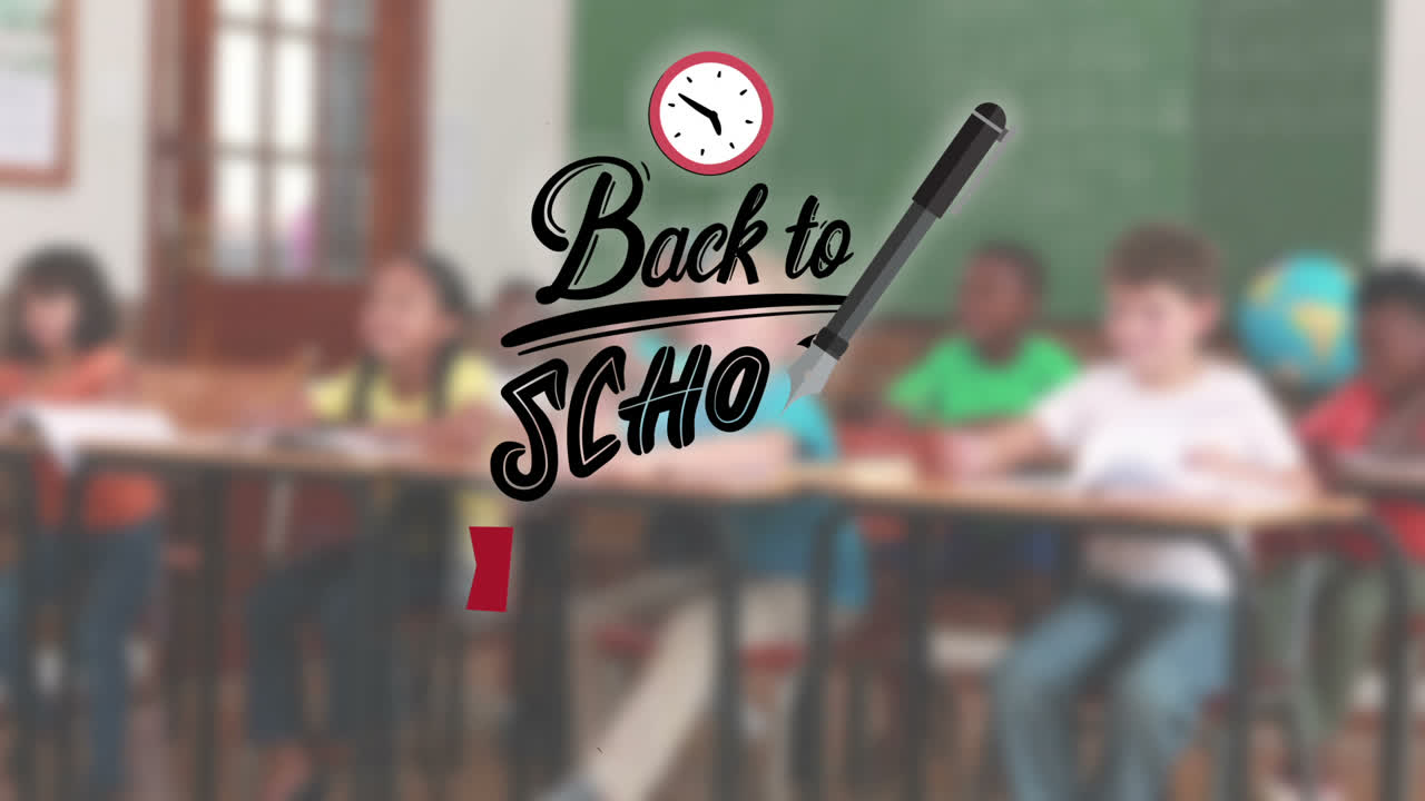 아이콘과 공부하는 아이들로 둘러싸인 학교로 돌아가는 메시지