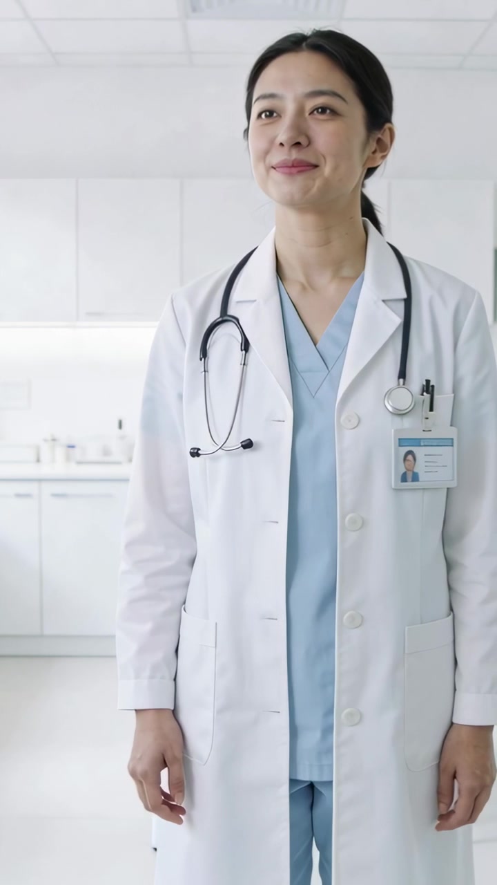 Video vertical: Grabación de un médico con bata sonriendo y ladeando la cabeza en una clínica con estetoscopio y credencial de identificación