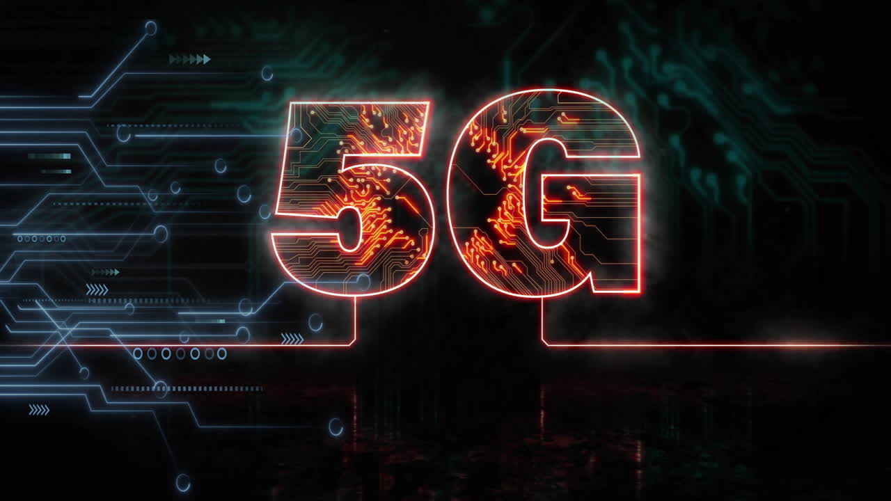 animazione di testo 5g, elaborazione digitale dei dati e scheda elettronica