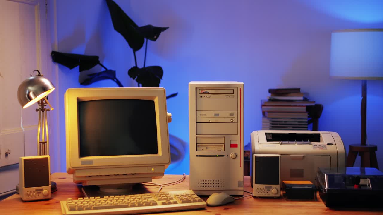 Retro pc computer gaming, Desktop vintage with loading code console, programmer making scripts, green basic screen, Old computer studio close-up, retro wave display, late 90s PC.
