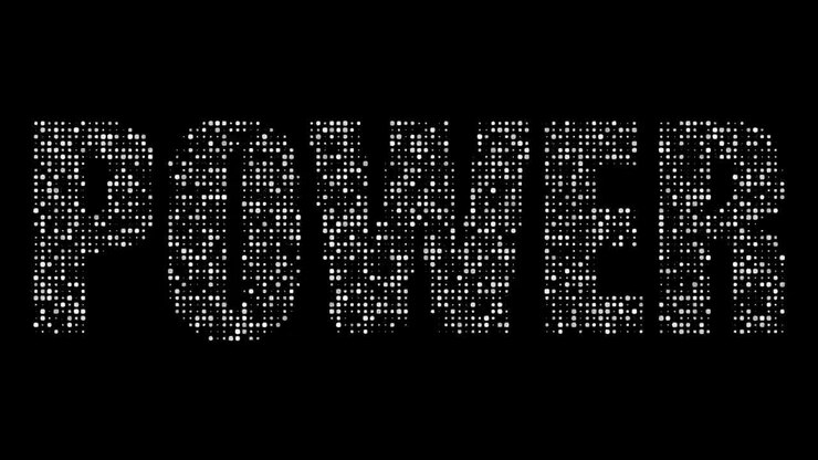 Glitchy flickering electric white lights reveal the word POWER sign overlay