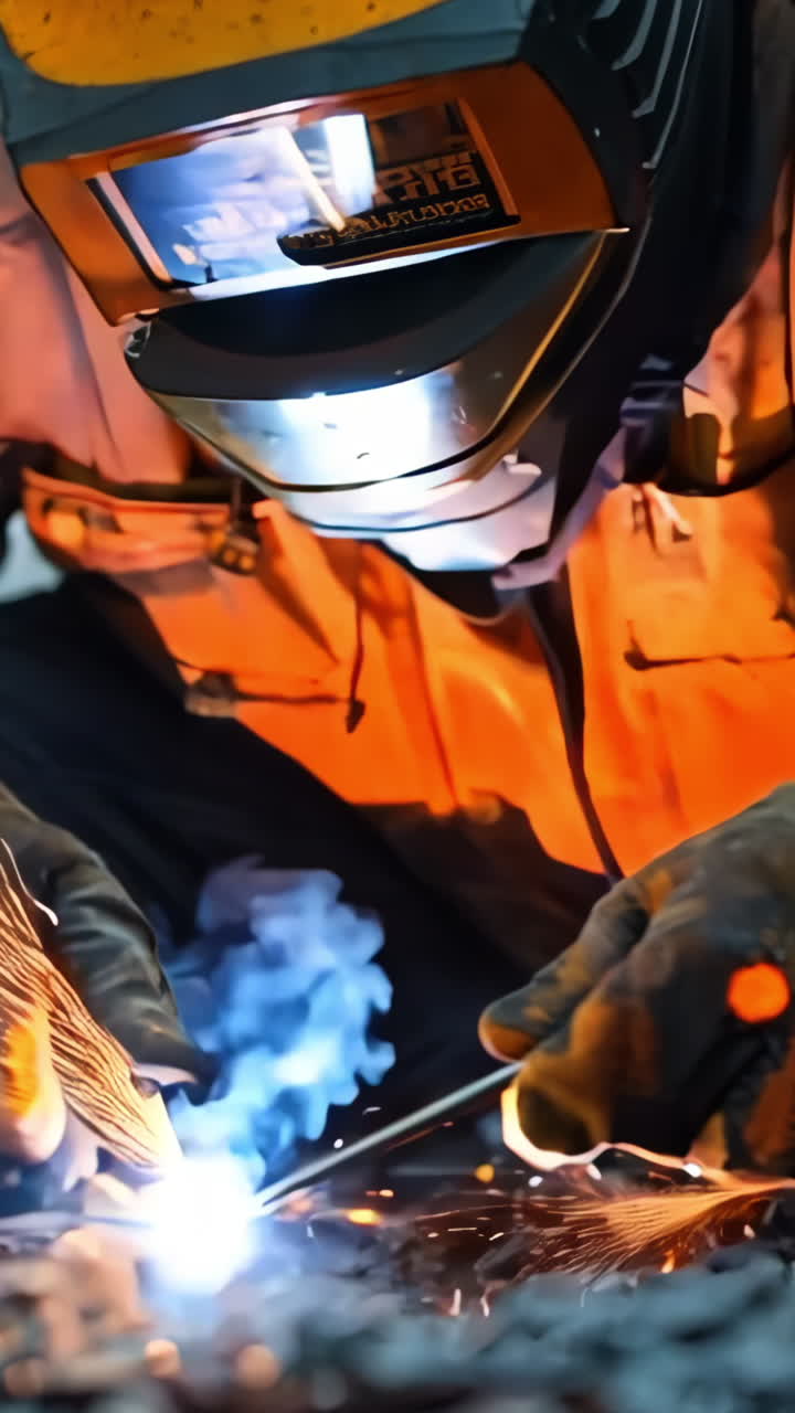A man in a yellow helmet is welding metal. Concept of danger and risk, as the man is working with hot sparks and molten metal. The bright yellow helmet also adds a sense of caution and protection