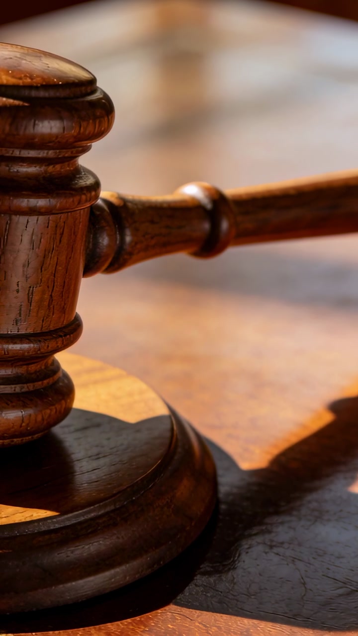 Vertical video: Moving camera nudging frame on wooden gavel and sound block at bench, showing grain