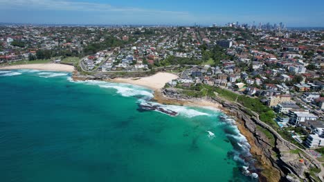 Bronte-And-Tamarama-Beach-During-Summer-In-Sydney,-Australia---Aerial-Drone-Shot