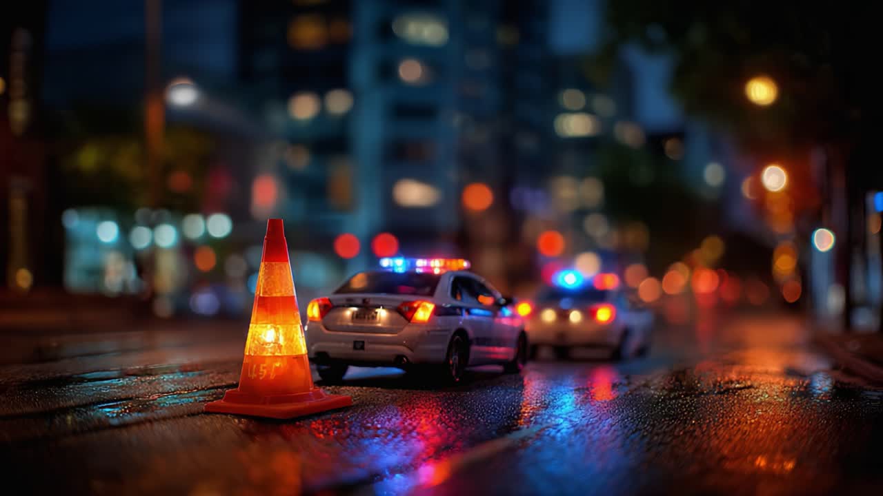 A Night Scene of Police Activity Featuring Traffic Cones and Patrol Cars in a Wet Urban Environment Illuminated by Colorful Lights