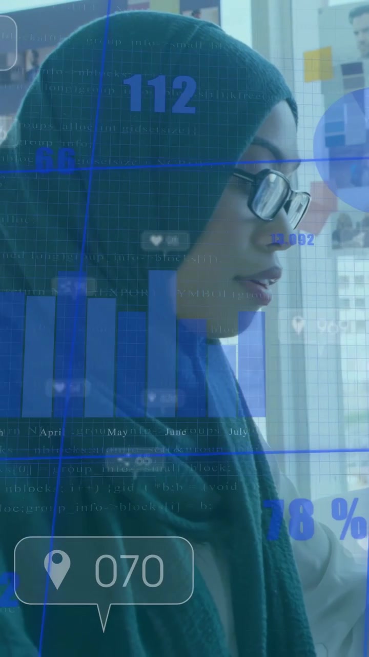 Video verticale: Analista che sposta lo sguardo e tocca un display in vetro, aggiornando grafici di dati per le decisioni.