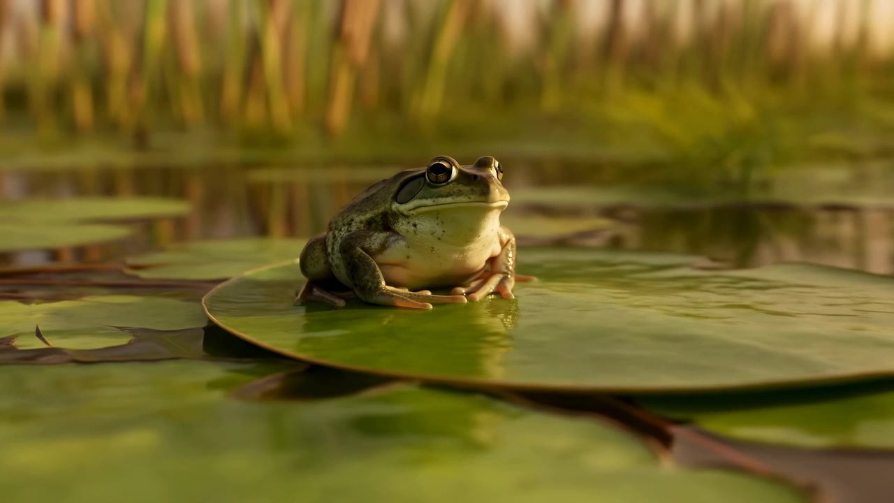 Rana verde posada sobre un nenúfar redondo en un estanque de agua dulce poco profundo, con la cabeza levantada y los ojos mirando hacia arriba, sus dedos palmeados agarrando una hoja brillante y húmeda, bajo una suave luz dorada, en una escena de hábitat tranquilo y sereno.