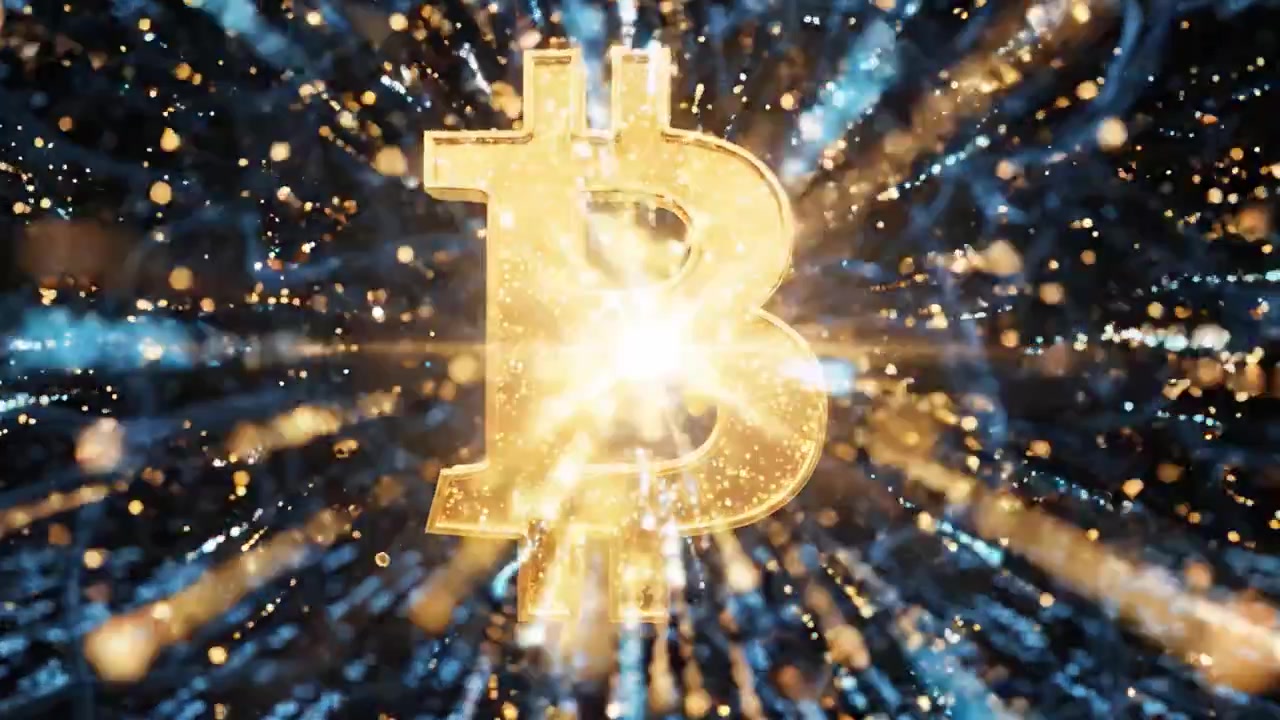 Una straordinaria visualizzazione di Bitcoin in una rete digitale, che mostra il suo simbolo dorato su uno sfondo di connessioni blu ed energia scintillante, a simboleggiare l'ascesa delle criptovalute.