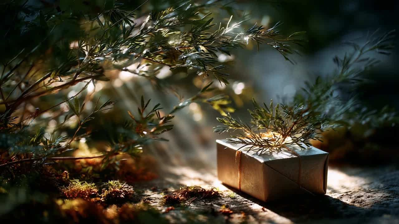 A Captivating Golden-Brown Gift Box Nestled Amongst Verdant Greenery, Bathed in Soft Sunlight, Evoking Enchantment and Wonder in a Natural Forest Setting