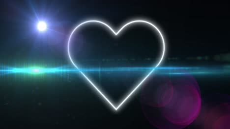 Animation-of-white-neon-heart-flashing-with-spot-and-moving-beam-of-light-on-dark-background