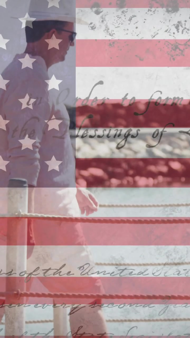 Animation of man walking on jetty over american flag and constitution text