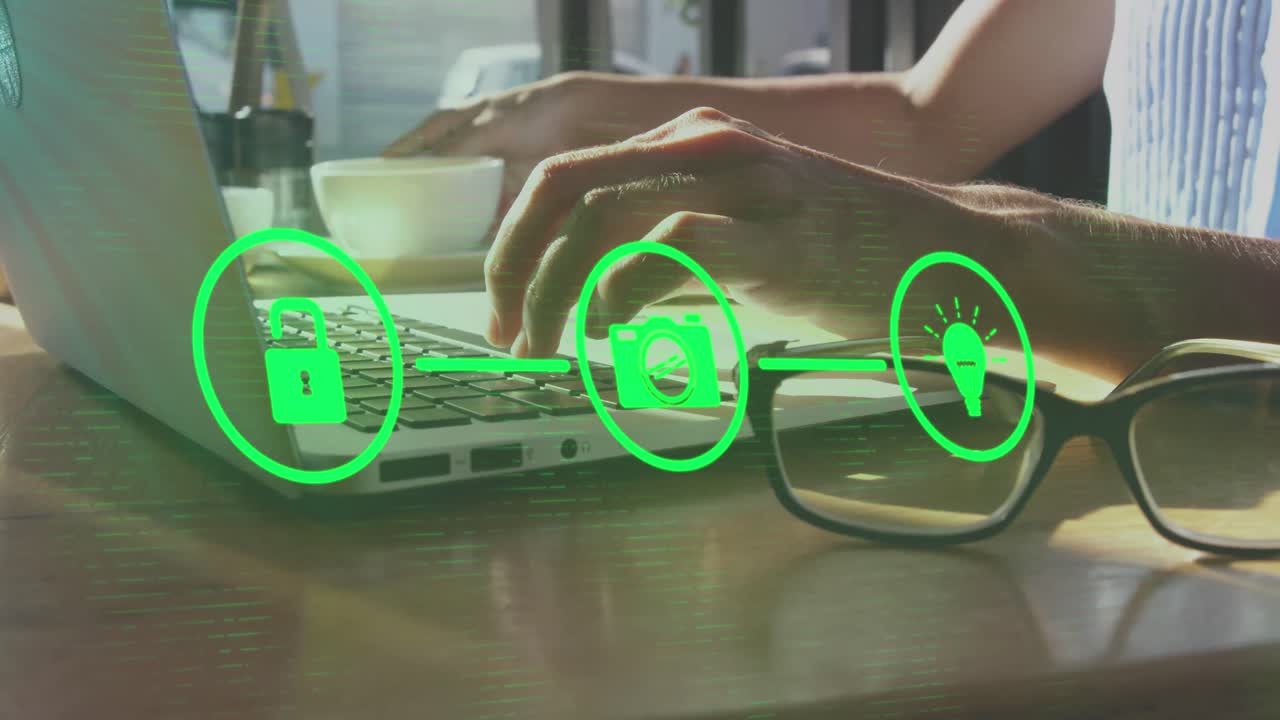 animación de iconos conectados, manos recortadas de una mujer caucásica trabajando en una computadora portátil y bebiendo café
