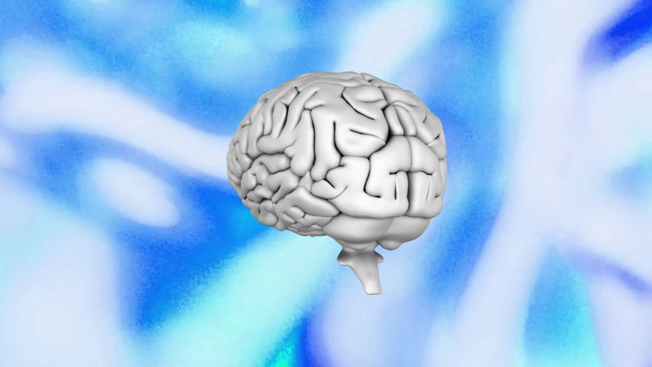 animación del cerebro humano girando sobre un fondo con patrones azules