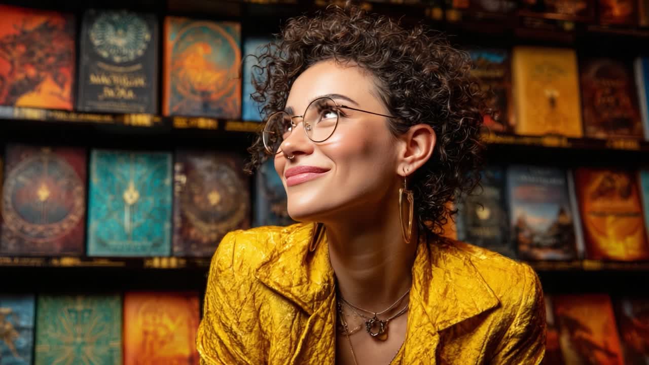A Young Woman with Curly Hair and Glasses Smiles Joyfully in Front of a Colorful Collection of Books, Radiating Happiness and Style
