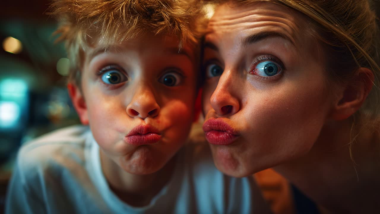 A Heartwarming Moment Captured: A Playful Boy and His Mother Make Funny Faces Together, Sharing Laughter and Joy in a Vibrant and Cozy Environment of Connection