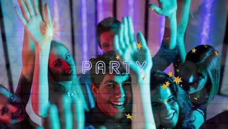 animation of party neon text and stars over people partying