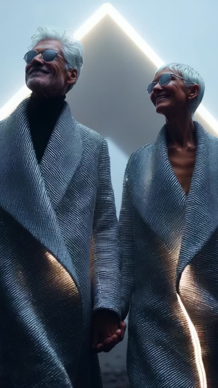 A Stylish Couple in Futuristic Fashion: Elegant Silver Coats and Sunglasses Captivatingly Glimpse Towards the Illuminated Triangular Structure Behind Them